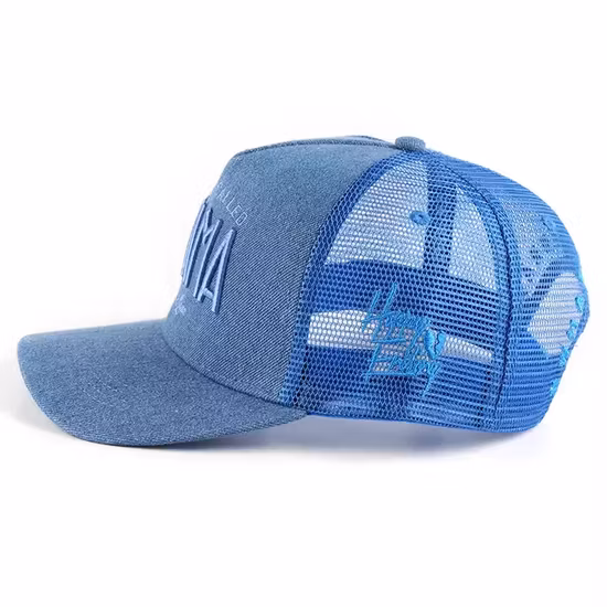 Custom Design Quality 5 Panels Promotion Denim Trucker Cap Denim Fabric Trucker Hat Wholesale Blue Character 3D Embroidery Trucker Hats