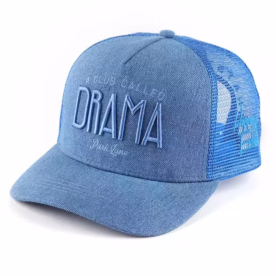 Custom Design Quality 5 Panels Promotion Denim Trucker Cap Denim Fabric Trucker Hat Wholesale Blue Character 3D Embroidery Trucker Hats
