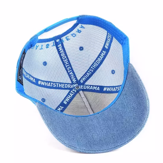 Design personalizado qualidade 5 painéis promoção denim boné de caminhoneiro tecido jeans chapéu de caminhoneiro atacado personagem azul 3d bordado chapéus de caminhoneiro